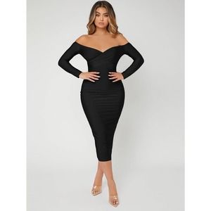 Off Shoulder long sleeve Bodycon midi Dress black